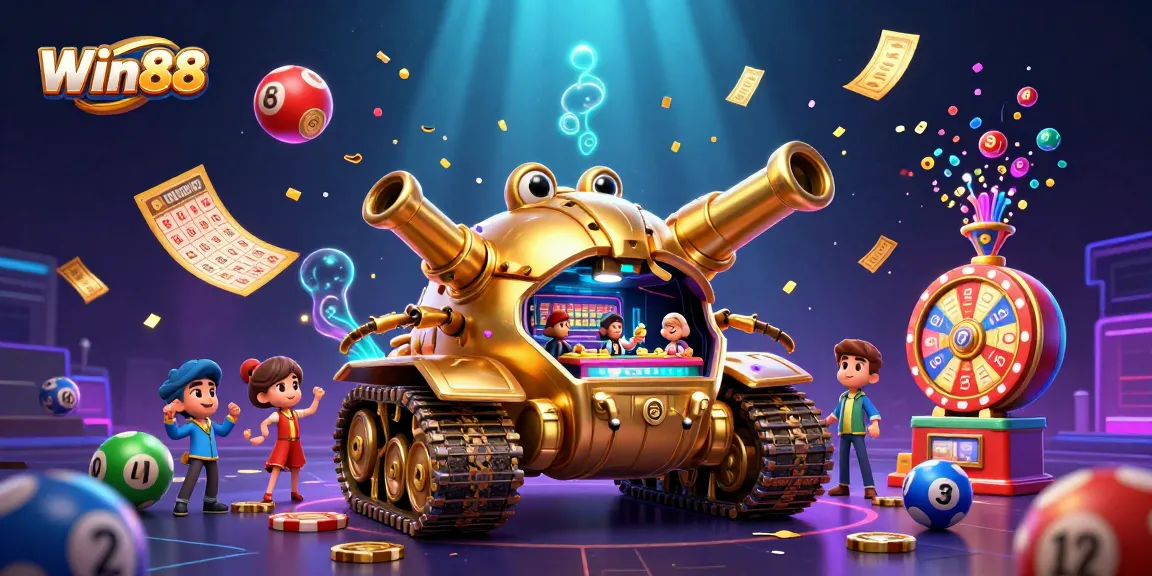 Engage with Win88 as vibrant lottery balls bounce around a golden beetle tank casino in a dynamic 3D illustration.
