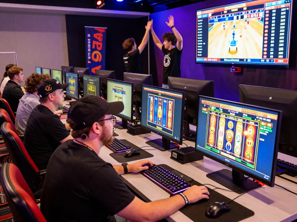 kerajaanslot tournament scene with players engaged in online gaming at vibrant casino, showcasing exciting slot games