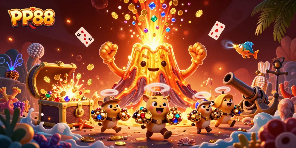 Win big with PP88's vibrant gaming scene, showcasing excitement and treasure.