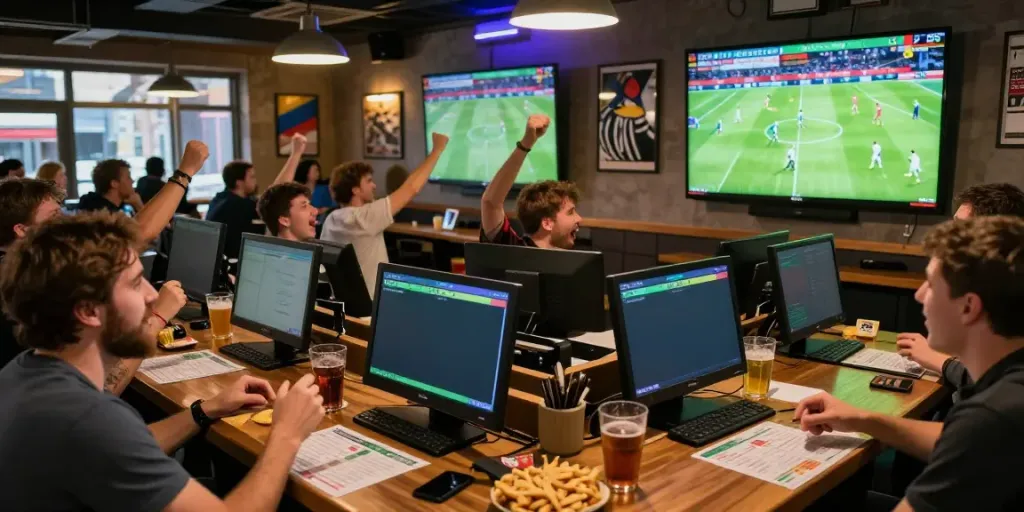 Fans enjoying live football betting at a sports bar, showcasing the excitement of statymuzona.lt.