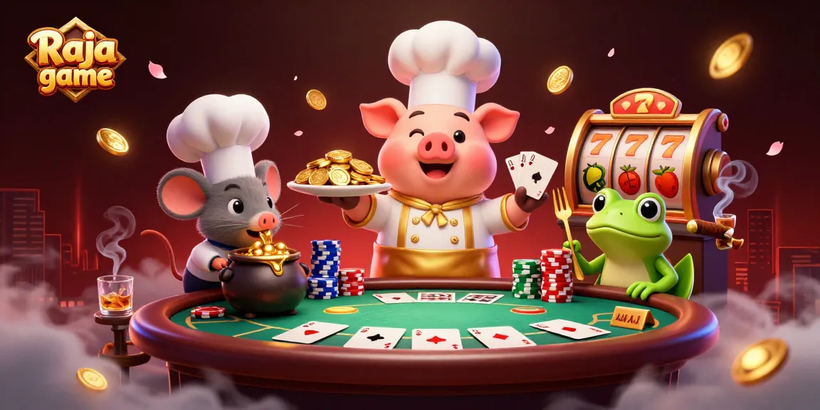 Experience Raja game with colorful poker chips, gold coins, and engaging characters in a vibrant casino setting.