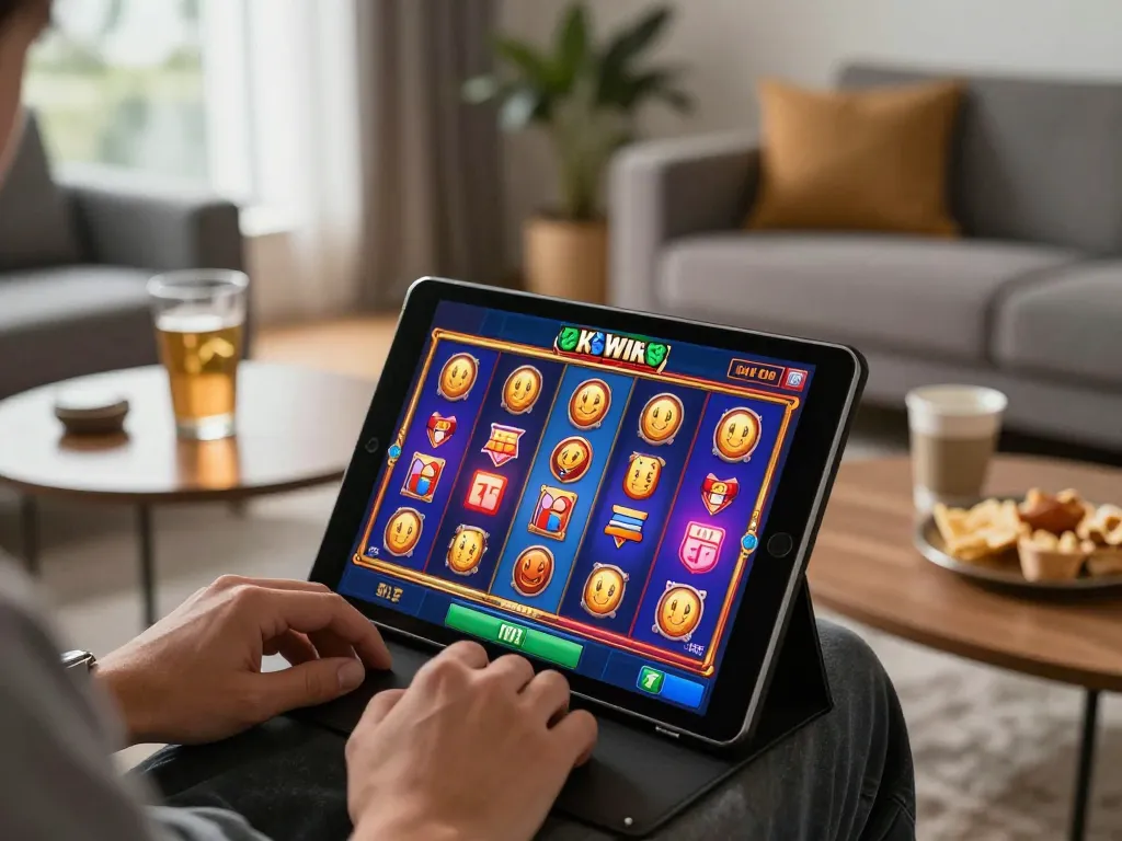 Engaging scene of player enjoying exciting slots on 68win com with vibrant screen in cozy home setting.