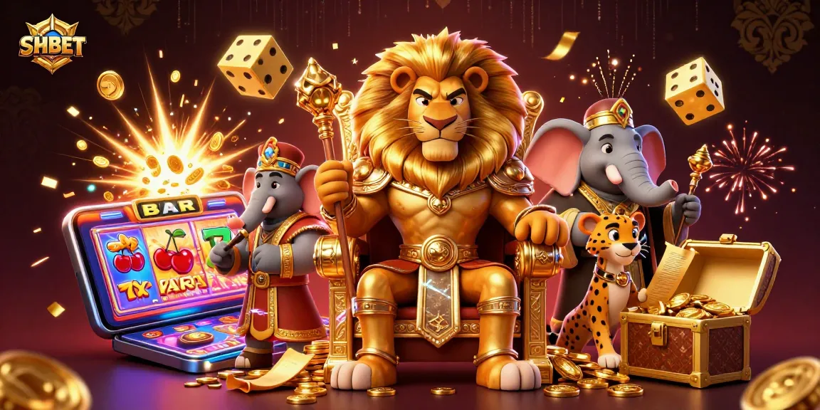 Experience thrilling wins at SHBET with an animated scene of casino excitement and majestic characters.