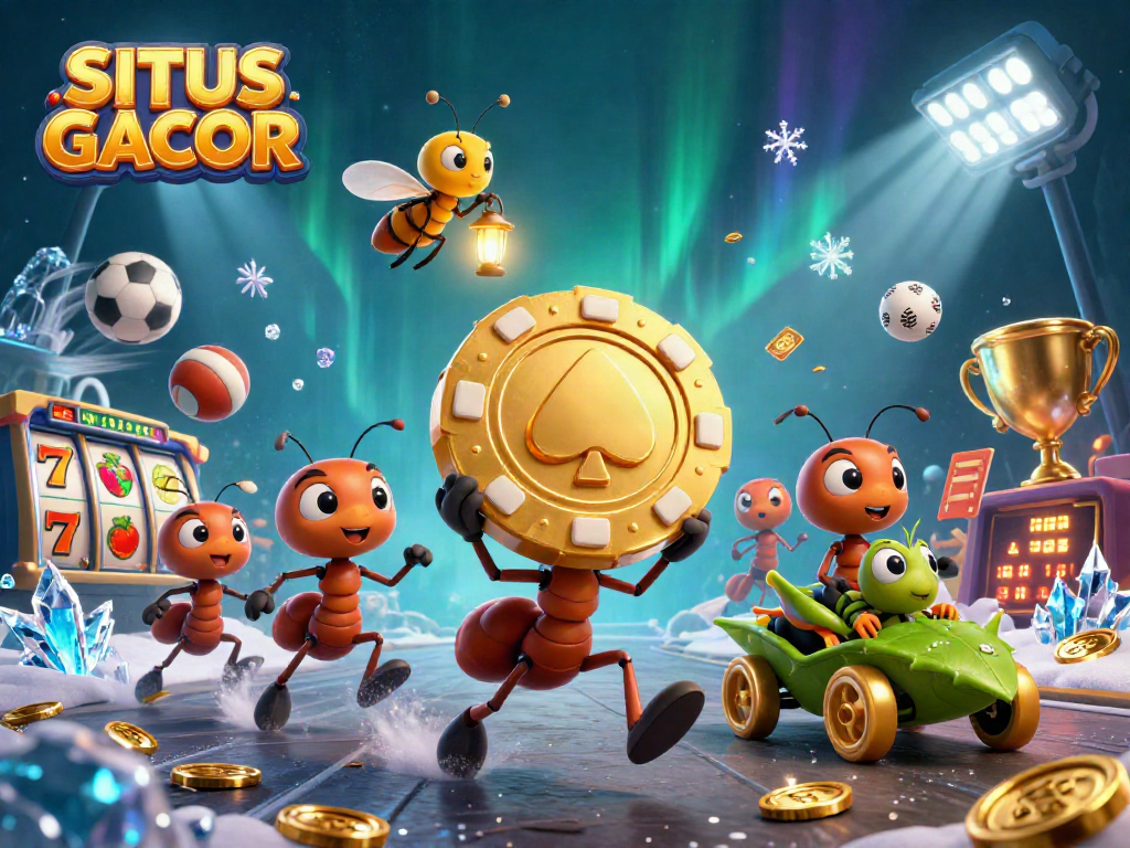 SITUS GACOR theme illustrated with cartoon ants heisting a giant poker chip amidst vibrant casino elements