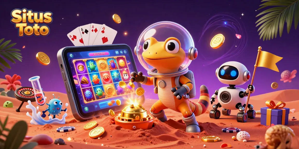 Experience exciting Situs Toto action with a cartoon Martian gecko discovering hidden casino treasures in a dynamic Martian landscape.