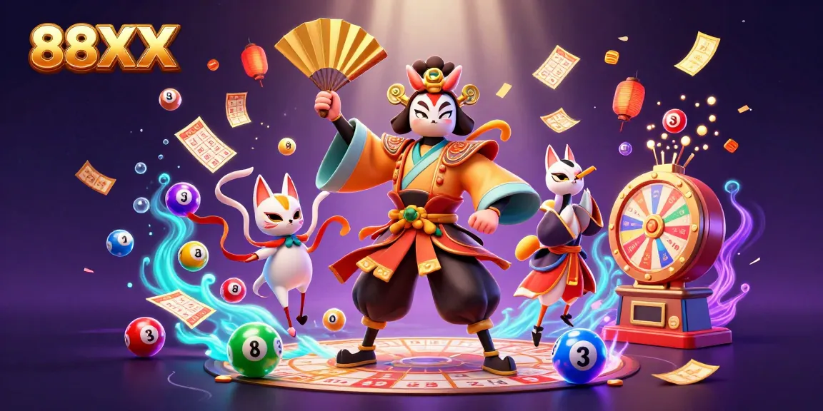 Engage with 88XX's vibrant lottery scene featuring kabuki characters and dynamic game elements.