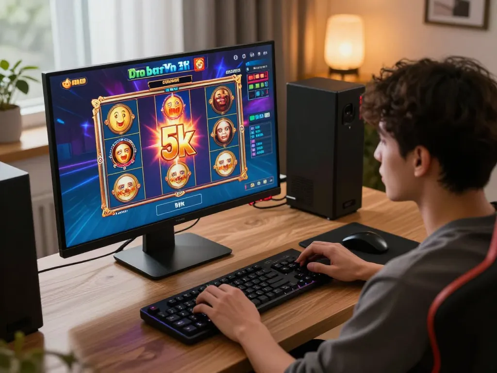 Engaging online gameplay of slot depo 5k from cozy home office, showcasing vivid slot visuals.
