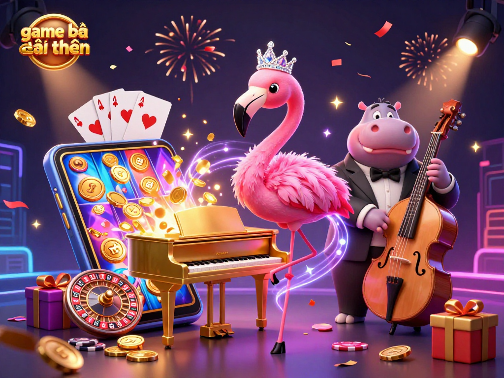 Engage with exciting game bài đổi thưởng through a vibrant illustration showcasing slot games and charismatic characters.