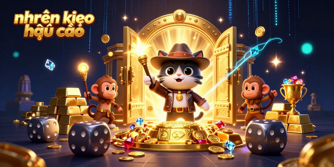 Engage in nhận định kèo nhà cái with an explorer cat and monkey discovering golden treasures in a casino temple.