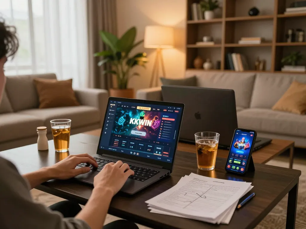 Engaged player using KKWIN for online gambling in a cozy home environment