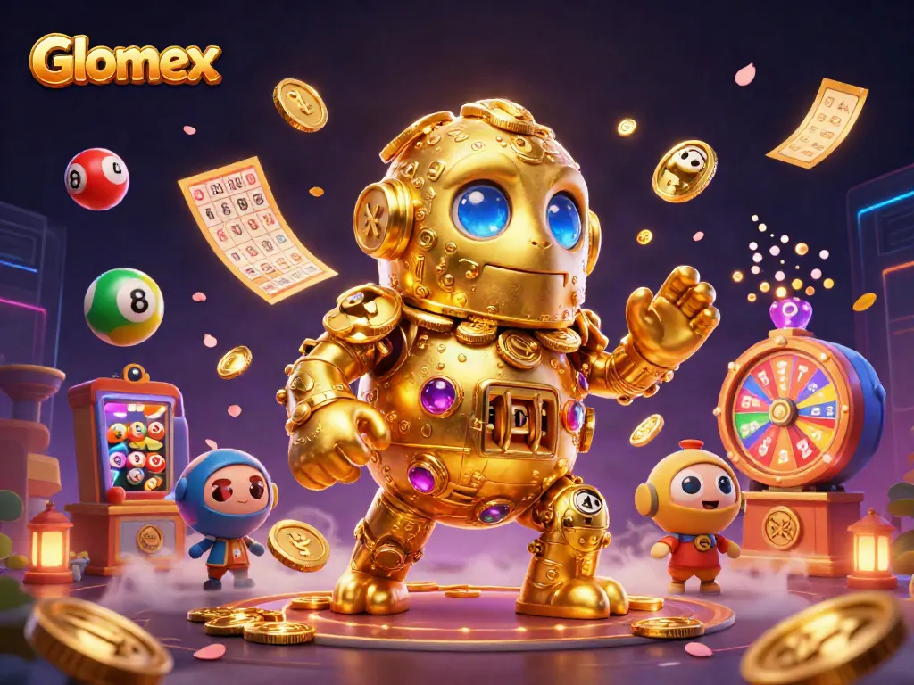 Glomex reveals stunning golden golem amidst vibrant casino-themed elements and dynamic lottery action.
