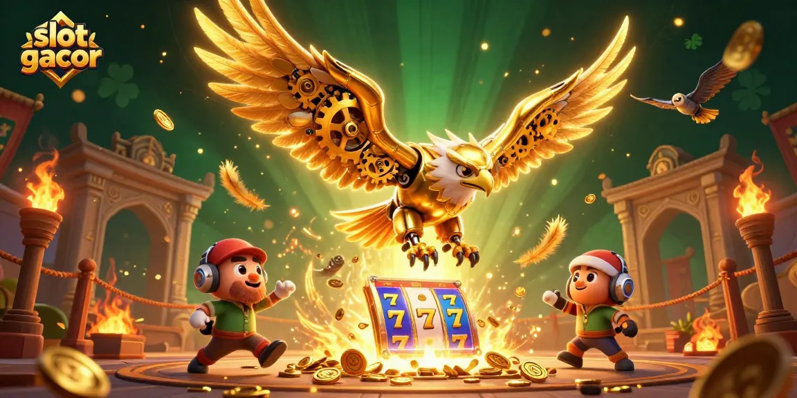Memainkan slot gacor dengan simbol slot yang berkilauan dan karakter elang cybernetik di arena petarungan.