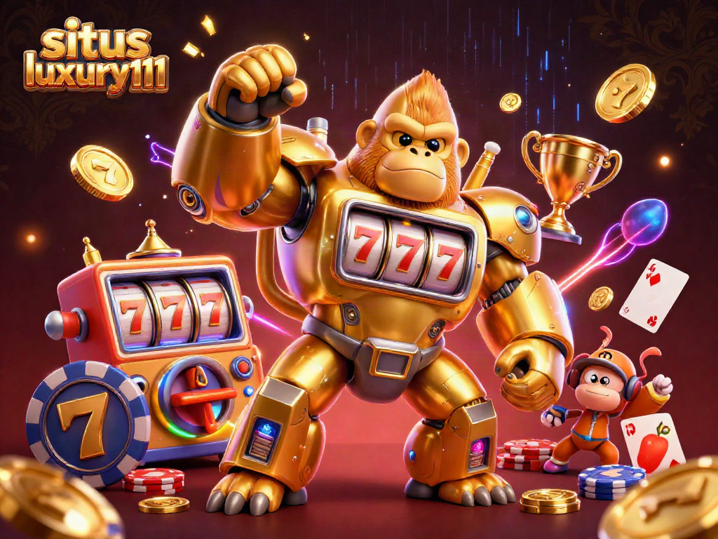 Situs luxury111 showcases a vibrant, dynamic slot machine-themed casino scene with a golden gorilla mech.
