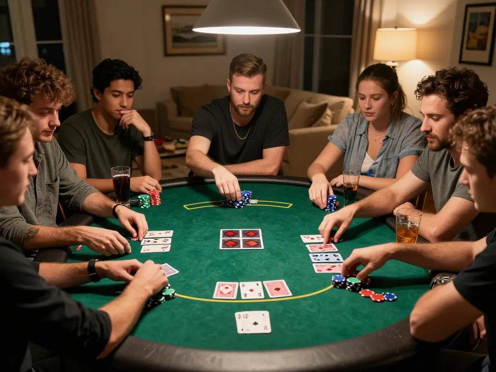 Players enjoying an intense poker game at home, showcasing the impactxoft of friendly competition and strategy.