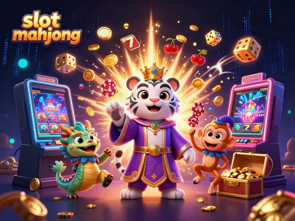 Experience thrilling slot mahjong action with a vibrant casino-themed 3D illustration bursting with energy and excitement.