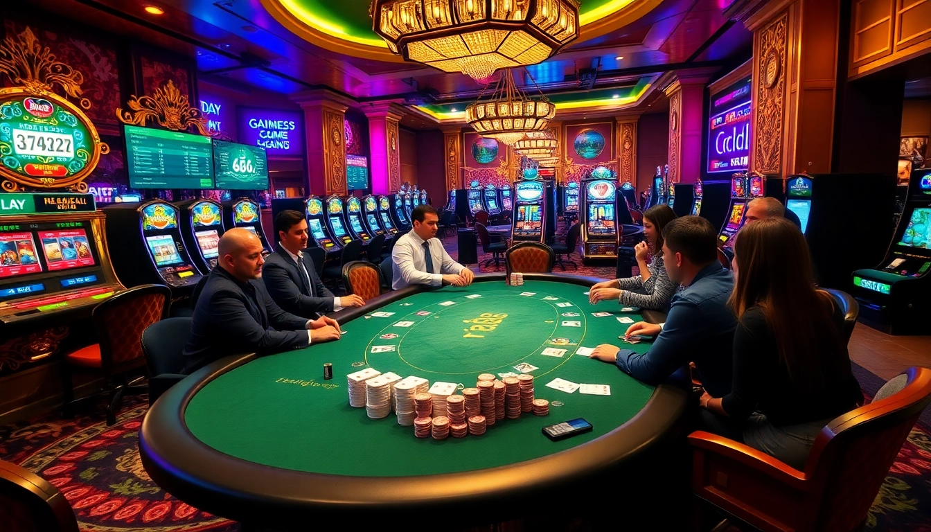 B52club poker table scene with vibrant colors, players engaging in high-stakes action, and professional dealers.