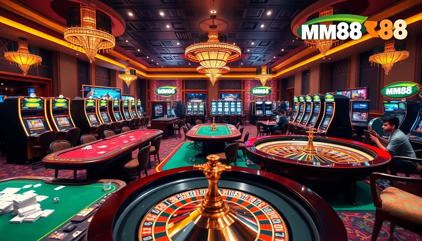 Engage in thrilling gambling action at MM88's vibrant casino, featuring poker tables and slot machines.