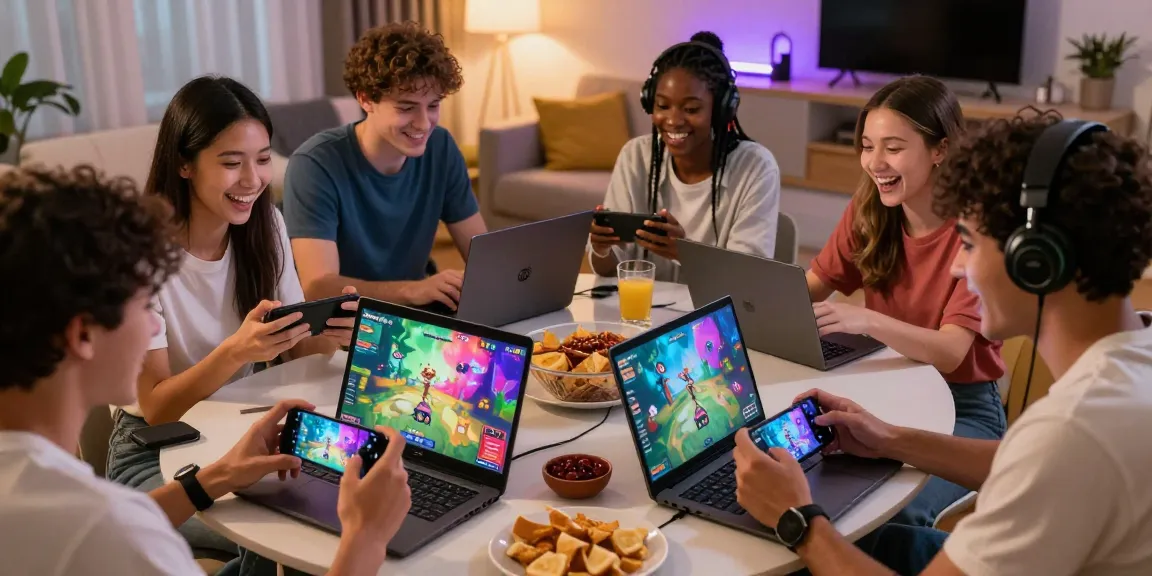 Tiranga Games players enjoying diverse gaming experience on mobile and laptops in a vibrant living room.