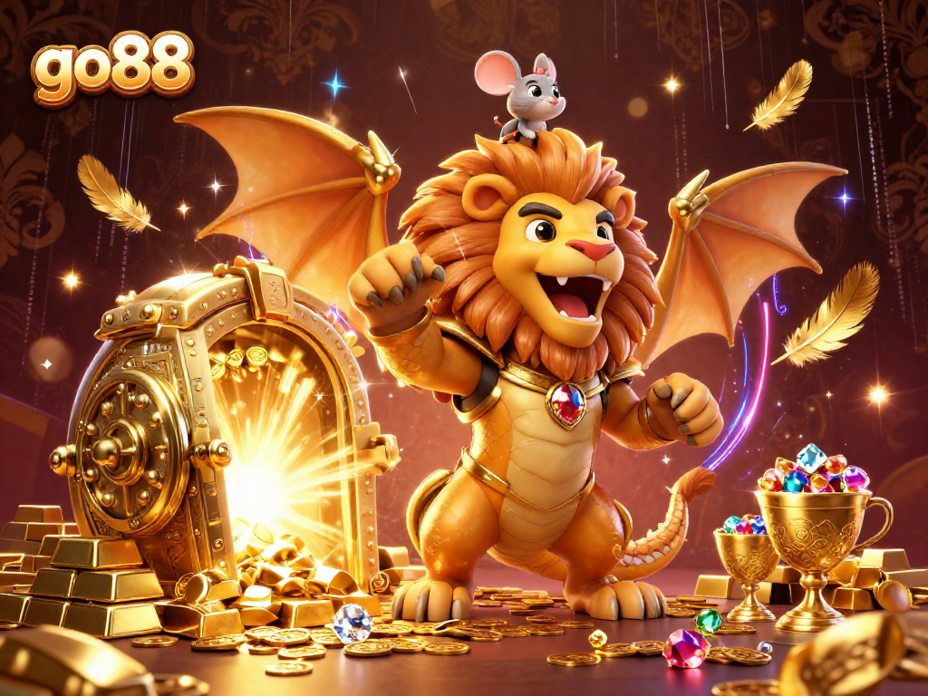 Experience the excitement of go88 casino with a triumphant chimera and treasures in a vibrant 3D illustration.