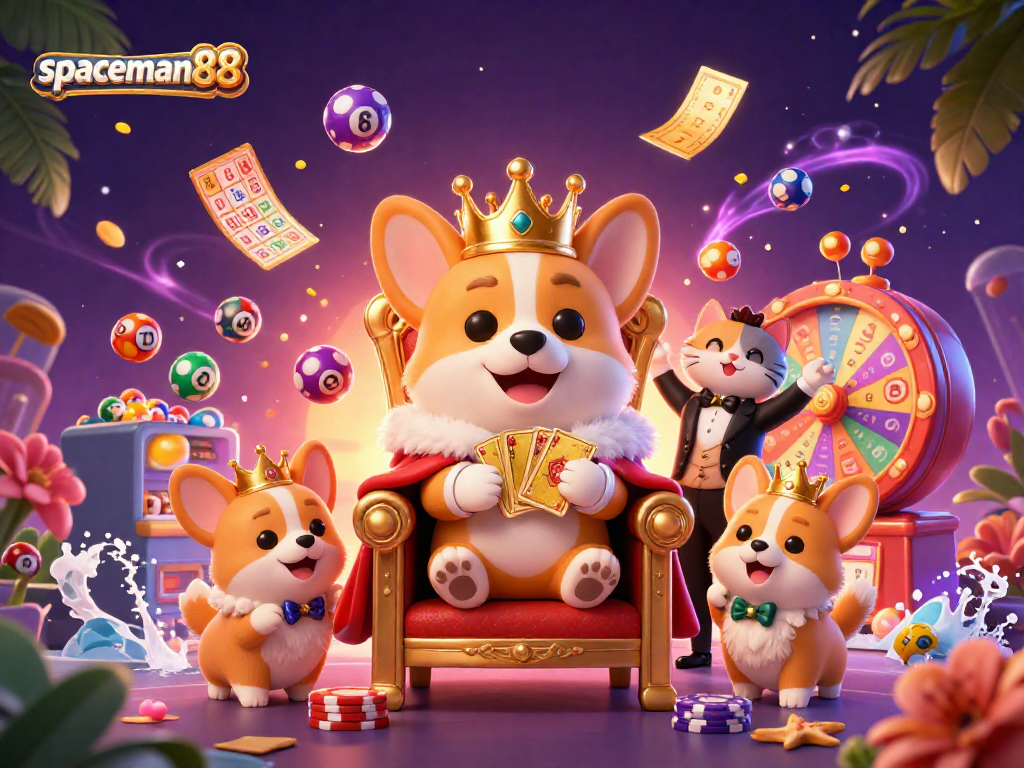 Engage with spaceman88 as the royal corgi reigns in a vibrant casino-themed illustration.