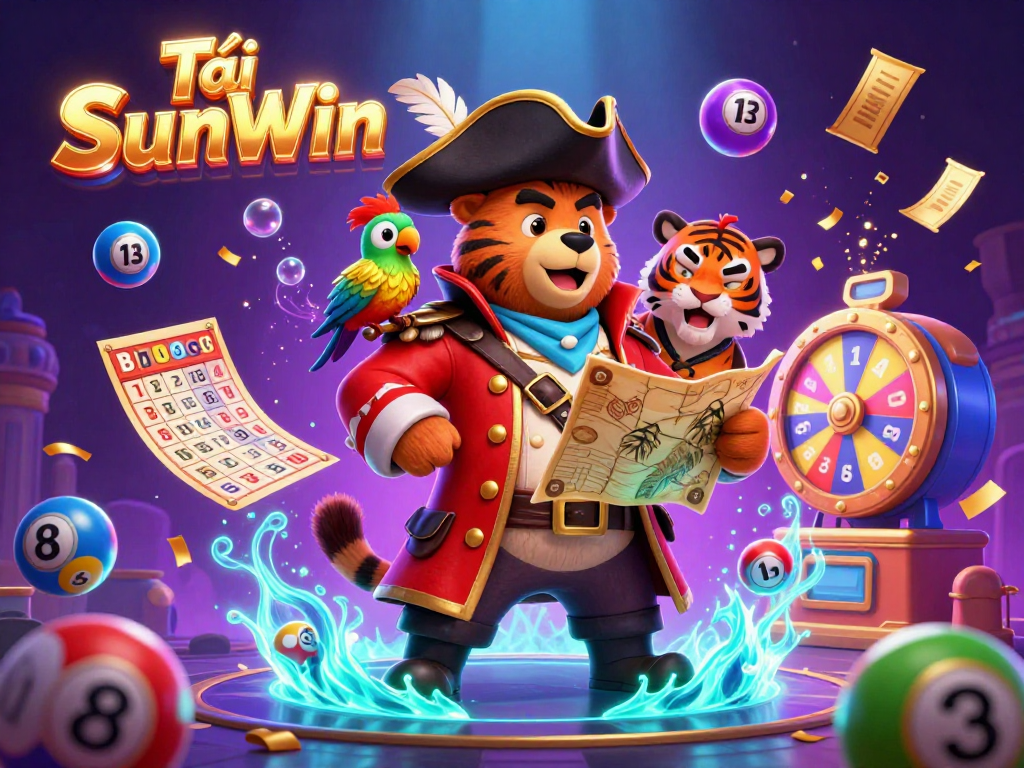Tải SunWin showcases an energetic scene with a pirate bear, tiger, and golden parrot themed around lottery games.