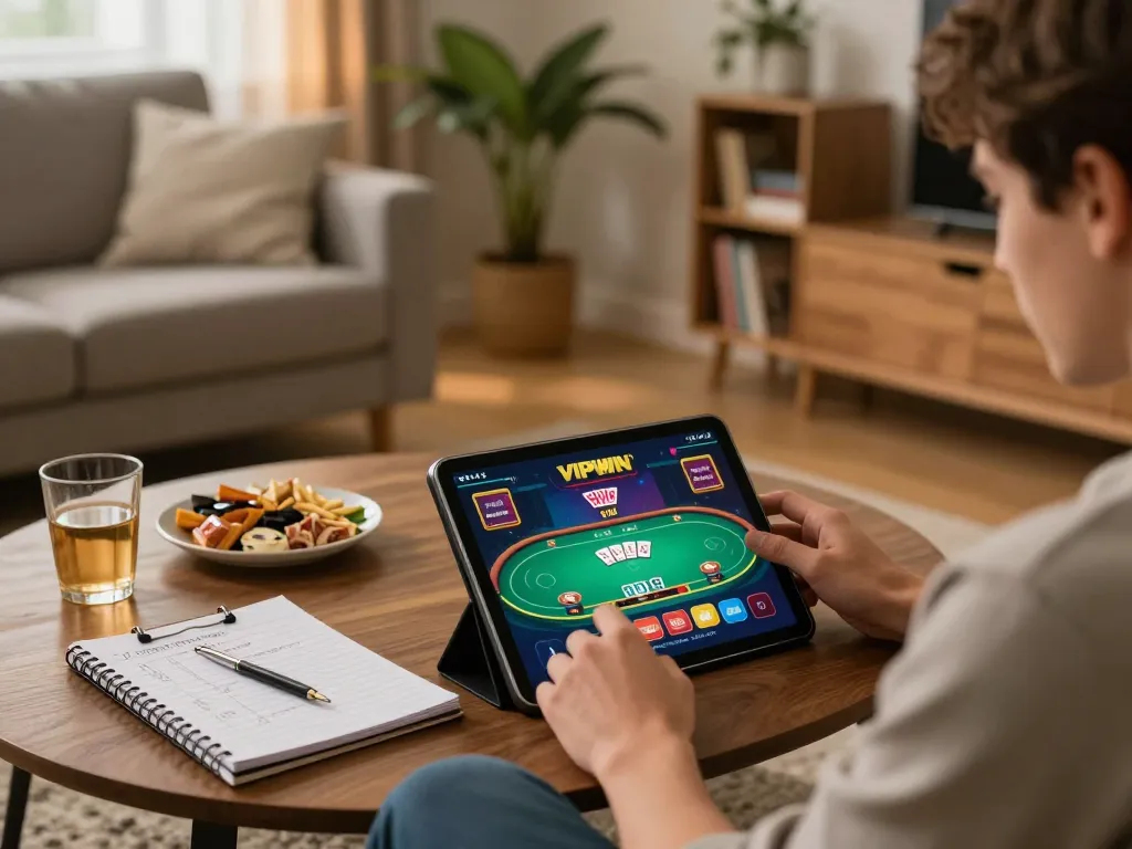 Player exploring vipwin casino app on tablet in cozy home gaming setup