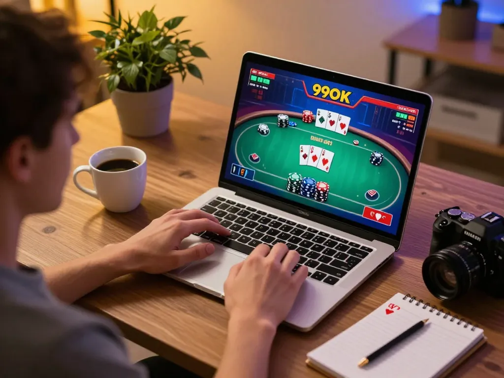 Player engaging with 99OK online poker game, showcasing strategic gameplay in a cozy home office.