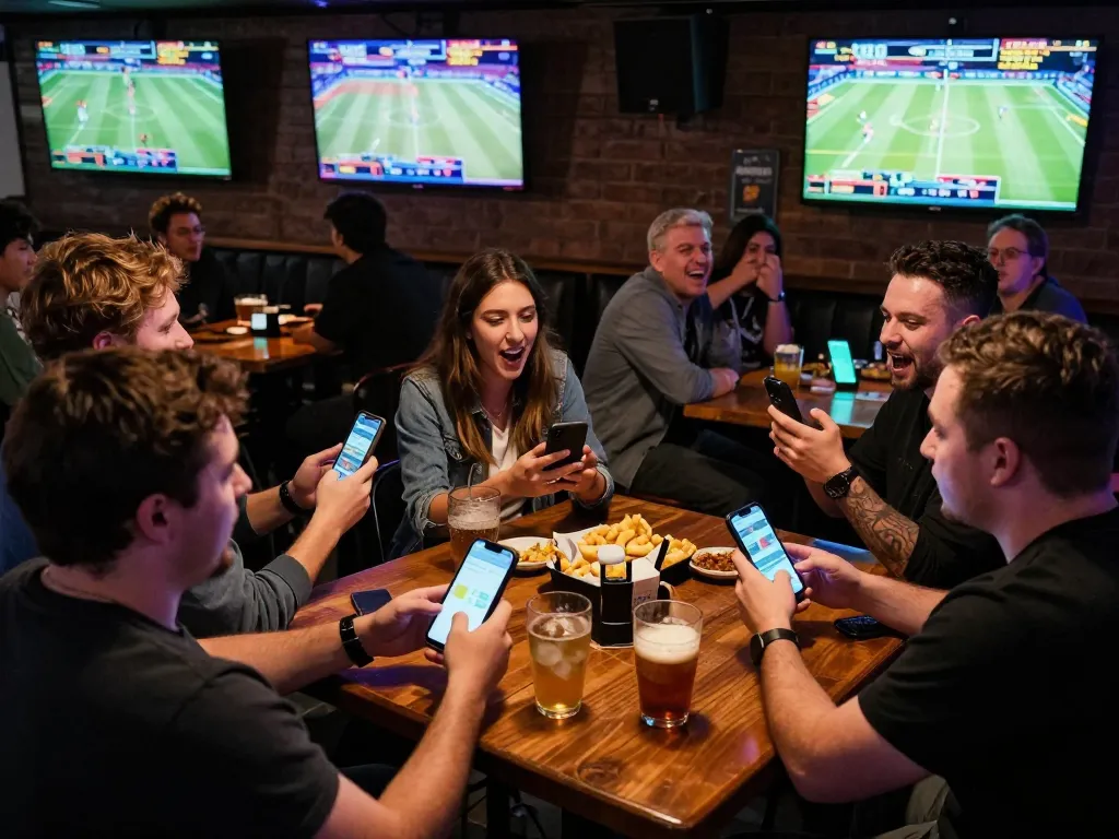nhà cái 5679 engaging patrons in a vibrant sports betting scene at a lively bar, showcasing mobile wagering strategies