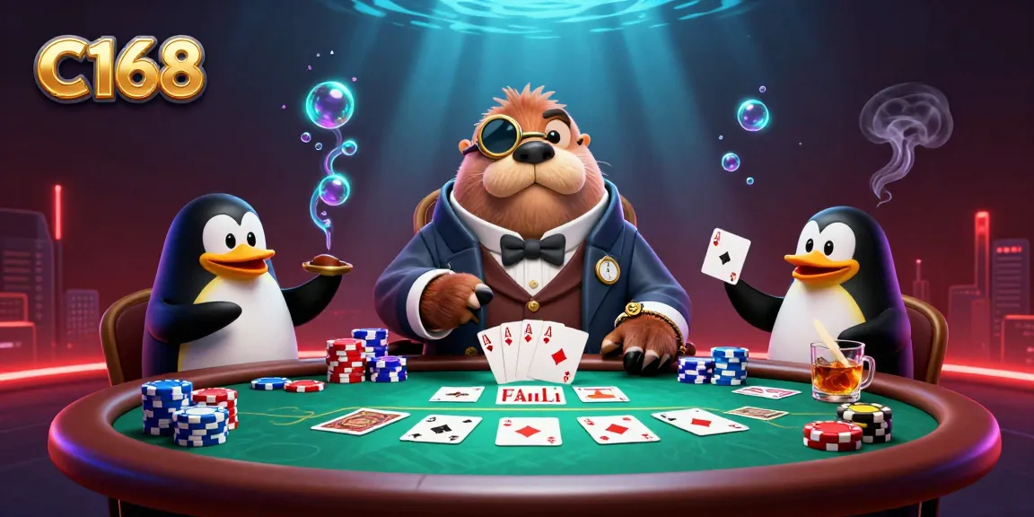 Win big at C168 with a jolly walrus playing poker underwater amidst vibrant casino elements.