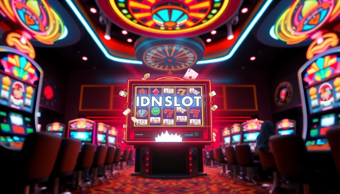 IDNSLOT slot machine winning moment with casino chips and a roulette wheel.