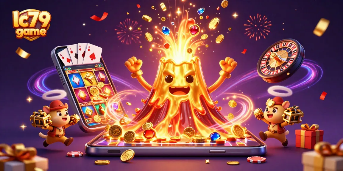 Khám phá lc79 game với hình ảnh núi lửa vàng xuất hiện, kho báu và trò chơi trực tuyến.