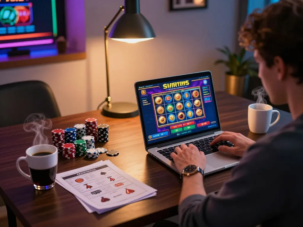 Engaging online slots gameplay on a laptop showcasing situs slot strategy notes and cozy atmosphere.