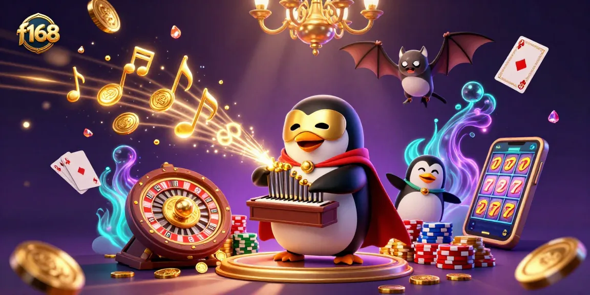 Experience the thrill of f168 with a vibrant casino scene featuring a coin-shooting penguin and colorful game elements.