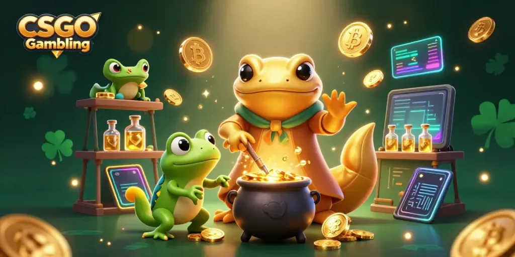 Engage in CSGO Gambling with dynamic golden alchemist scene and crypto elements.