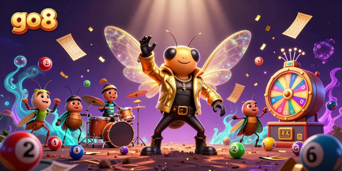 Experience the excitement of go8 with a vibrant illustration of a cicada rock star and casino games.