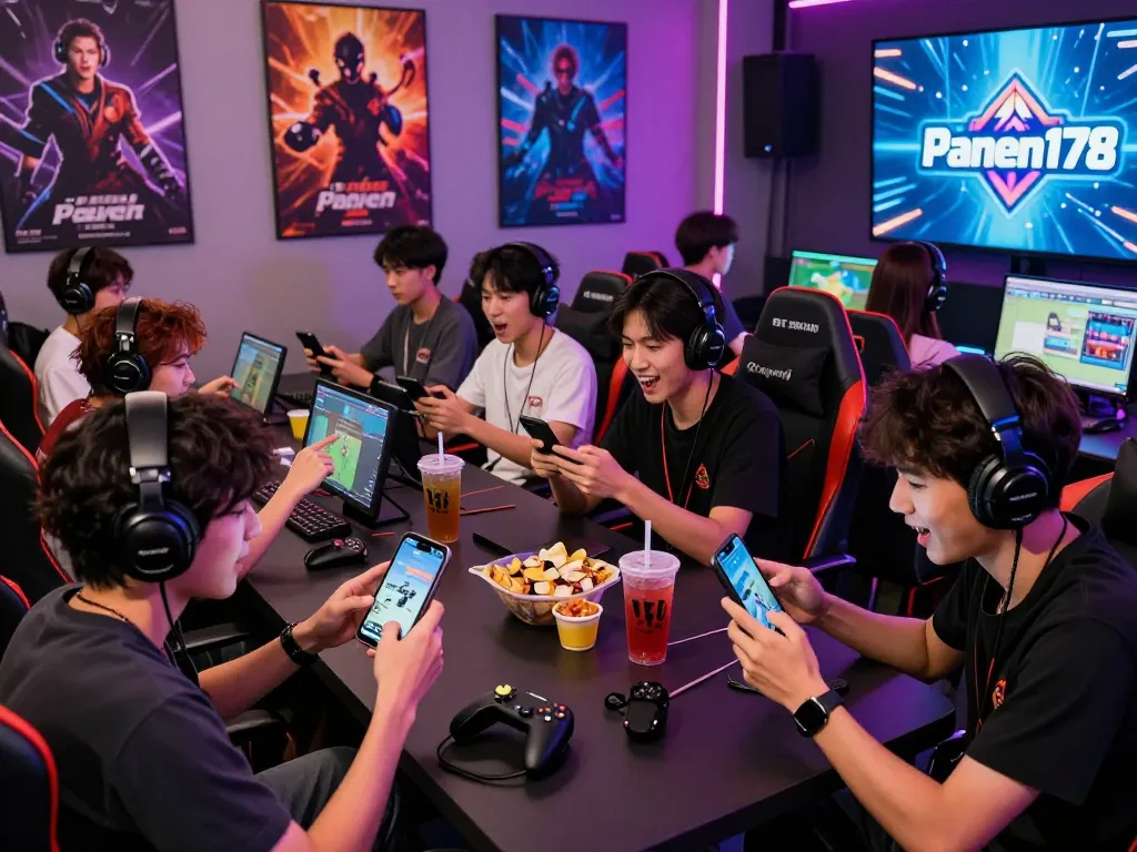 Gamers enjoying the Panen178 online game in a vibrant gaming lounge, showcasing interaction and excitement.