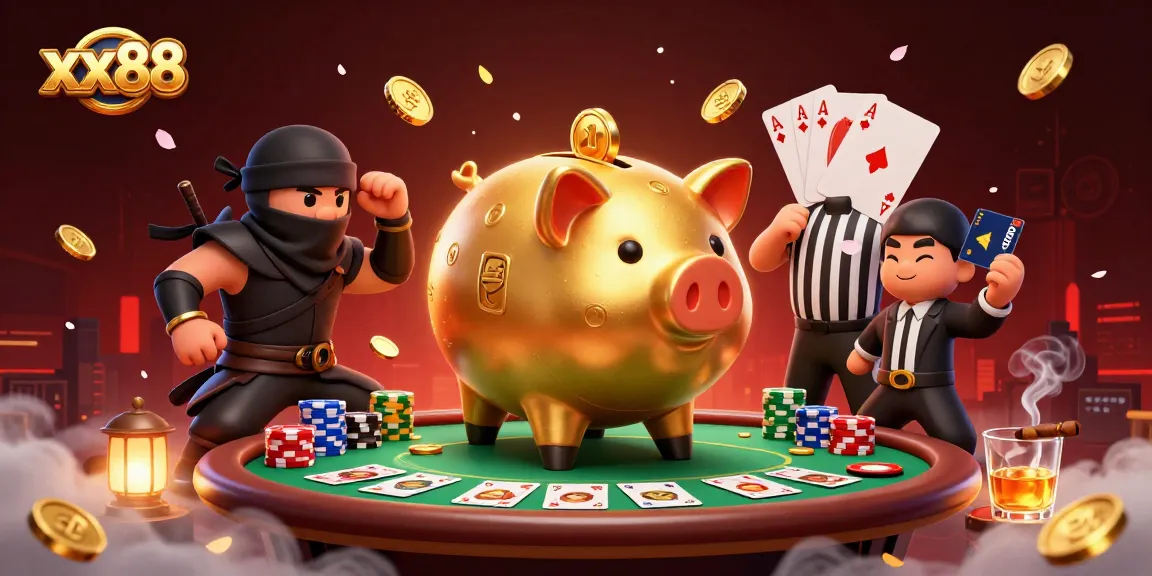 Engage in poker action with xx88 featuring a dynamic piggy bank sumo wrestler amidst colorful casino elements.
