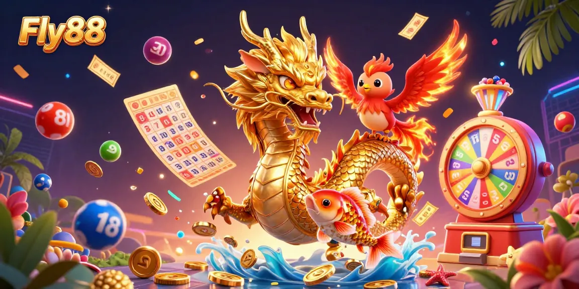 Fly88's exciting gaming experience featuring a dragon, phoenix, and koi fish in a vibrant casino scene.