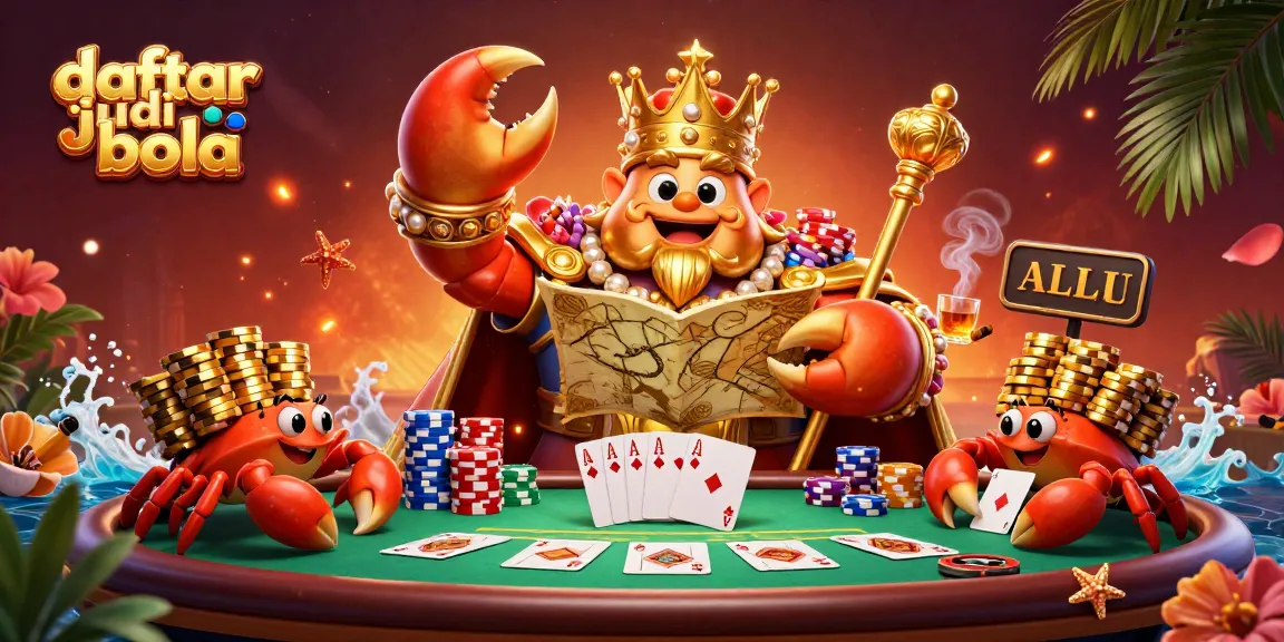 Engage with daftar judi bola through a vibrant poker scene featuring a majestic crab emperor and treasures.
