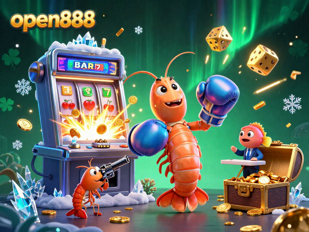 Experience thrilling gameplay at open888 with a vibrant 3D casino illustration showcasing dynamic slot machines and spirited sea critters.