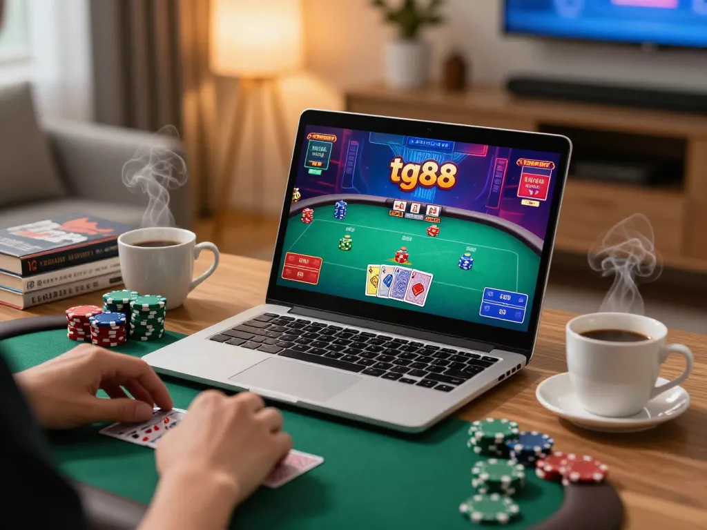 Engaging gameplay with tg88 poker on laptop, showcasing dynamic online gambling action.
