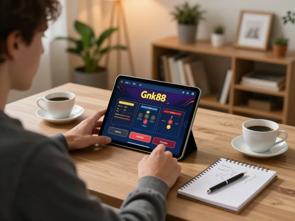 Player analyzing their betting strategy using the gnk88 online casino app on a tablet at home.