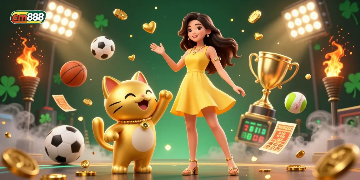 The cm888 illustration showcases a cheerful Asian woman with a lucky cat, surrounded by sports elements and golden coins.
