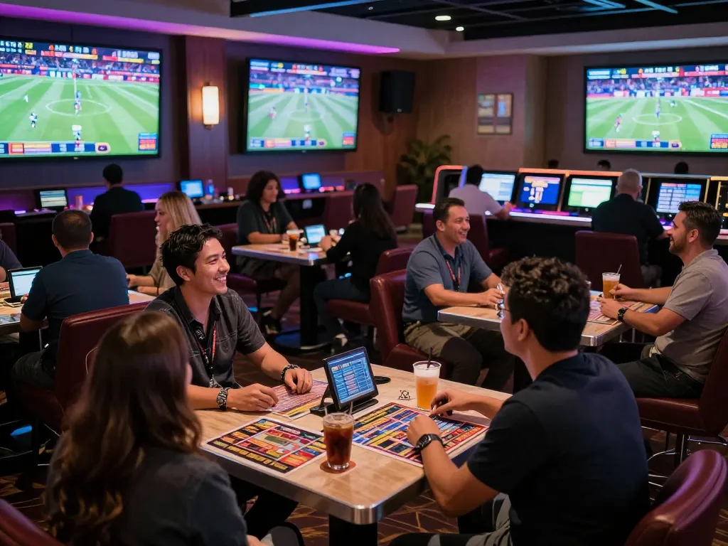 Excited bettors engaging in sports betting at SAY88 casino, interactive displays and lively atmosphere.