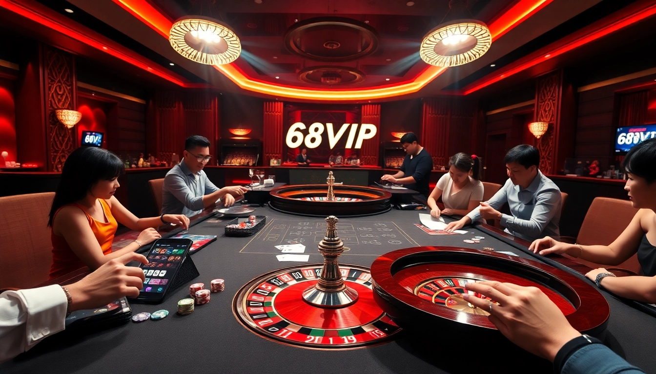 Engage in Đăng Nhập Nhà Cái 68VIP at a vibrant casino table with chips and cards.