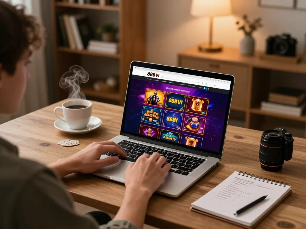 Player engaging with 888VI Homepage on a laptop in a cozy home environment, emphasizing strategic online gaming.