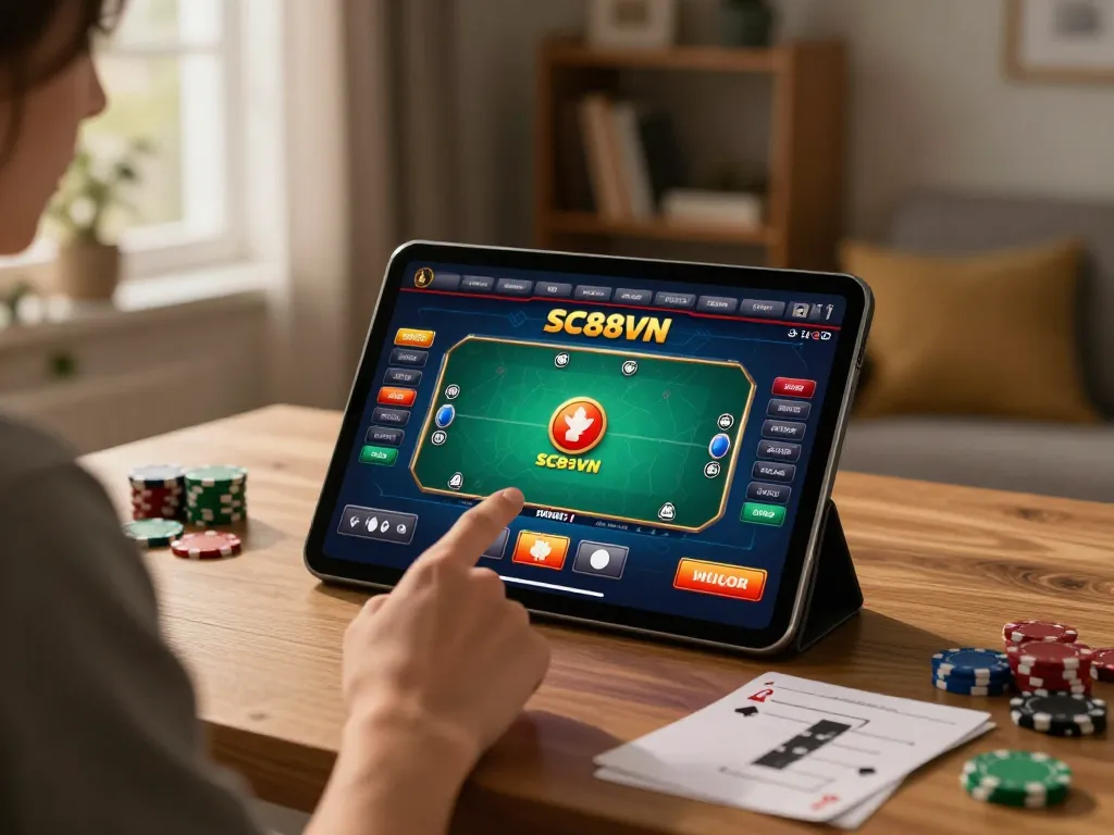 Player enjoying SC88VN online poker game on tablet at home, with strategy notes and cozy ambiance.