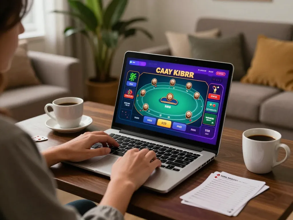 Play poker online at okwin with an engaging setup featuring a laptop and cozy ambiance.