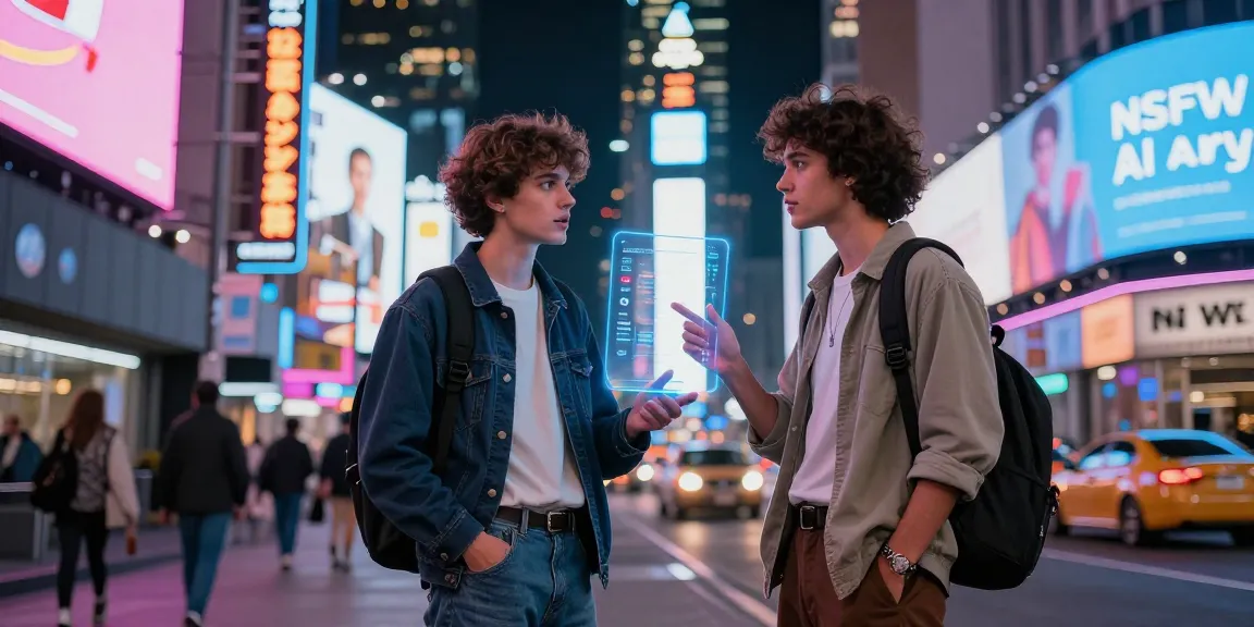 Engaging street scene showcasing an individual interacting with an NSFW AI in a vibrant urban setting, reflecting futuristic companionship.