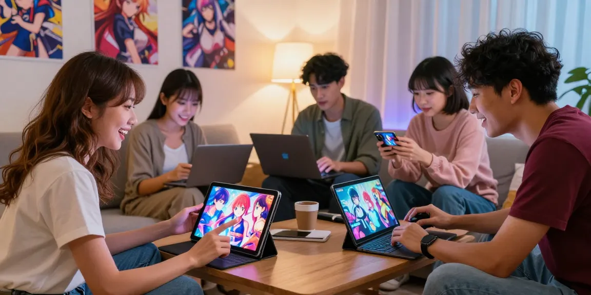 Group playing a hentai game together on modern devices in a cozy living room.